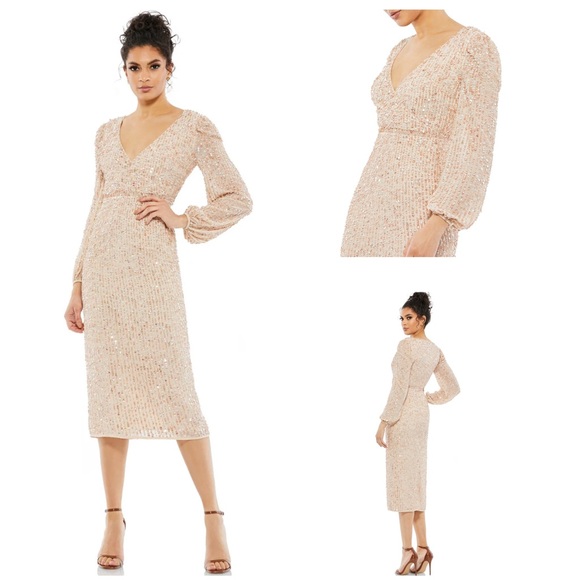 Mac Duggal Dresses & Skirts - NWT Mac Duggal 10764 Sequin Long Sleeve Cocktail Midi Dress SZ 4 Nude